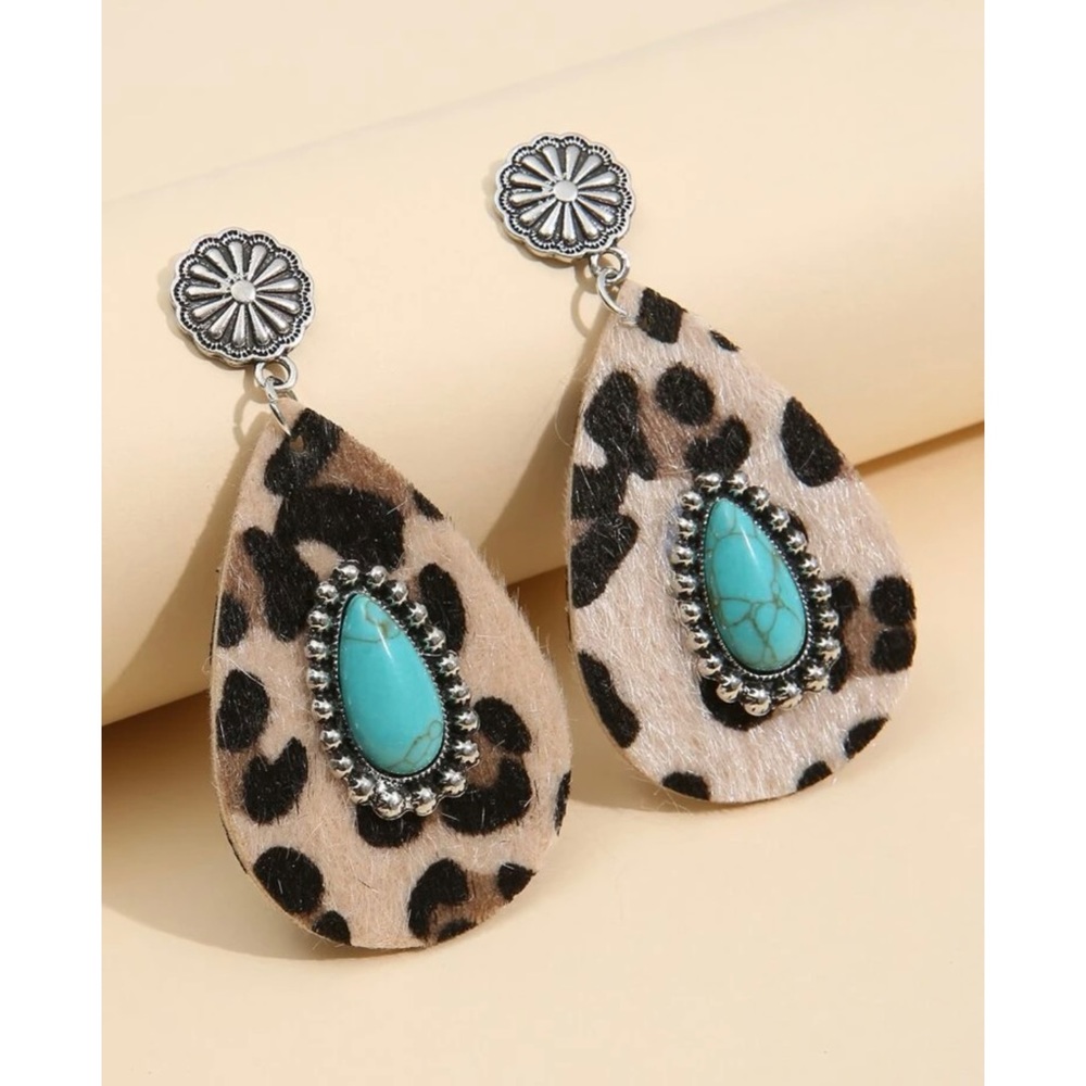 Leopard Print Teardrop Earrings with Turquoise Accent